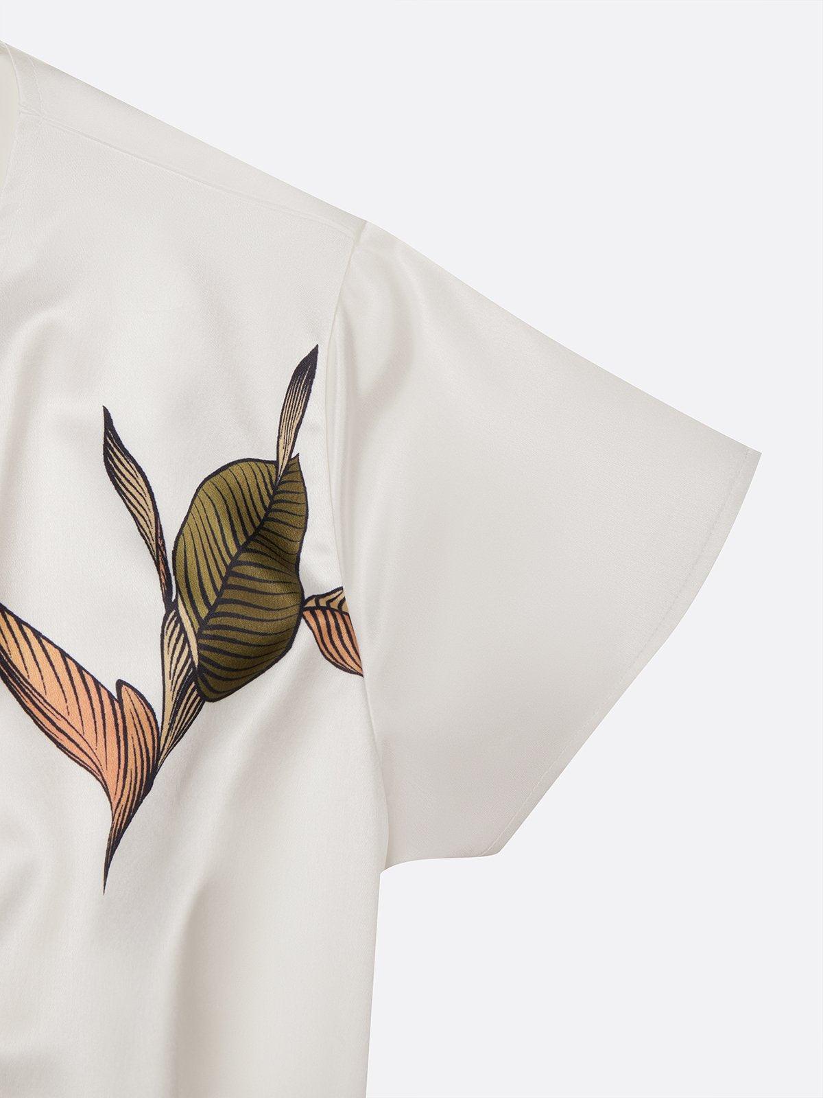 Abito | Midi A Tubino In Raso Con Maniche Corte E Motivo A Foglie Bianche