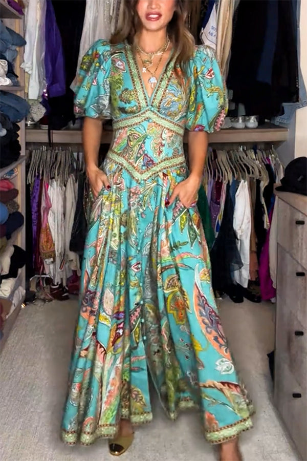 Amelia Quinn | Abito lungo arioso con maniche a sbuffo e scollo a V