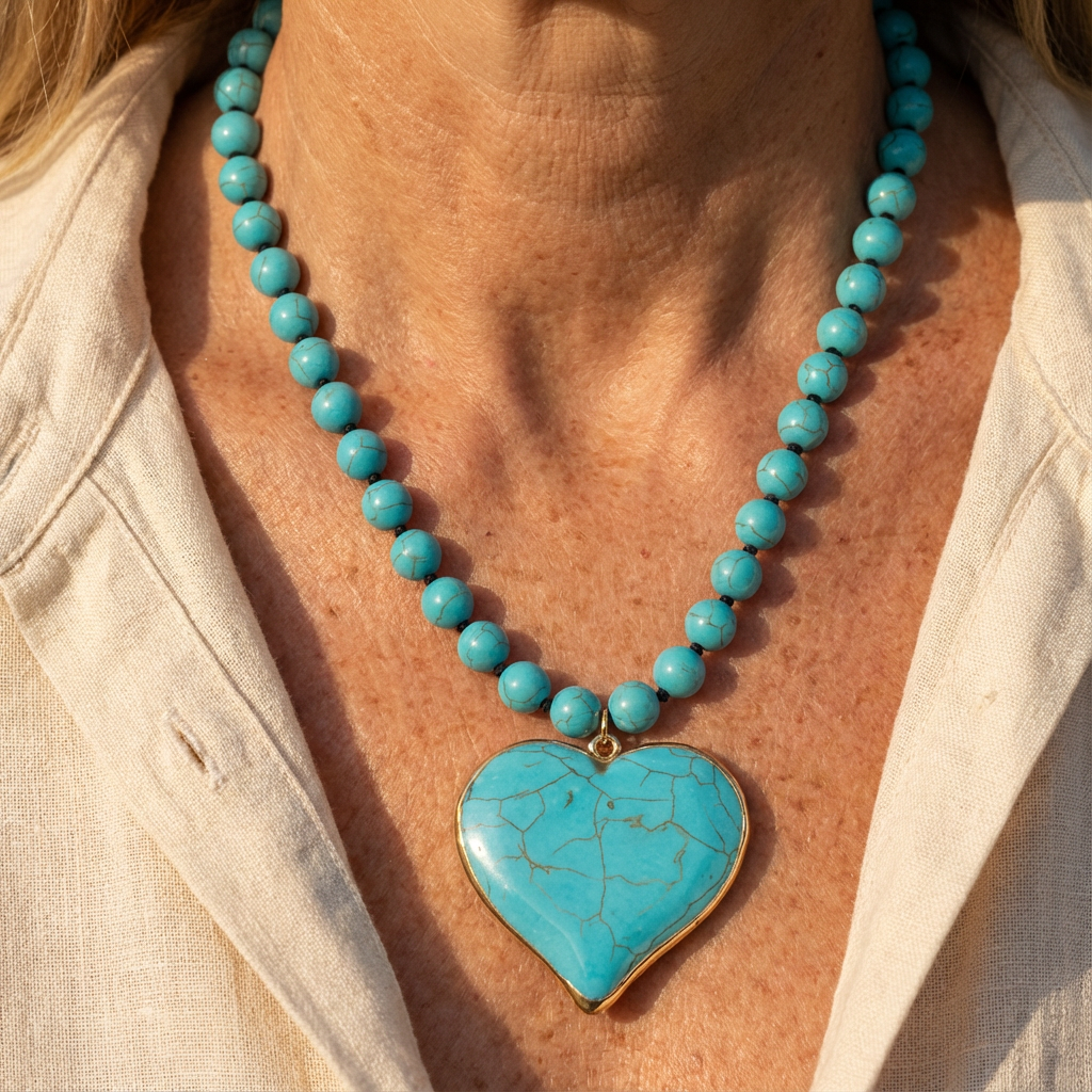 Collana con perline e cuore in gemma turchese