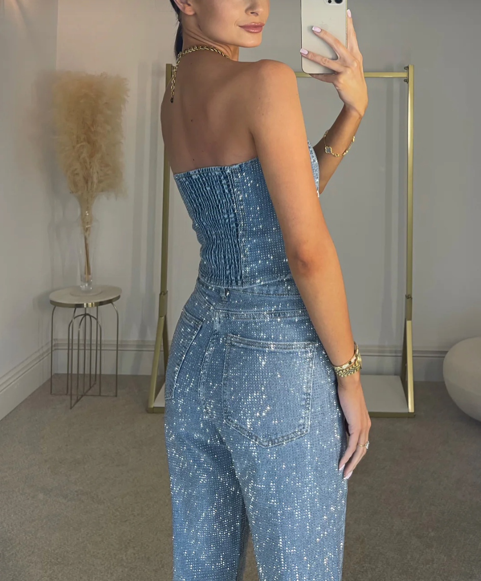 Beatrice | Jeans in denim a vita alta scintillanti e corsetto in denim