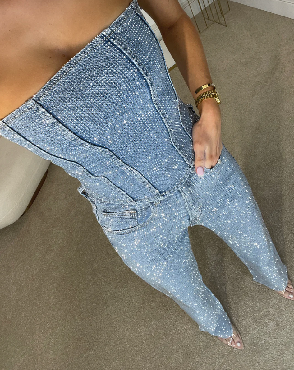 Beatrice | Jeans in denim a vita alta scintillanti e corsetto in denim
