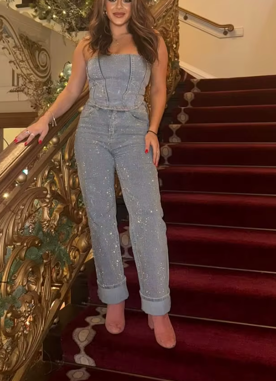 Beatrice | Jeans in denim a vita alta scintillanti e corsetto in denim