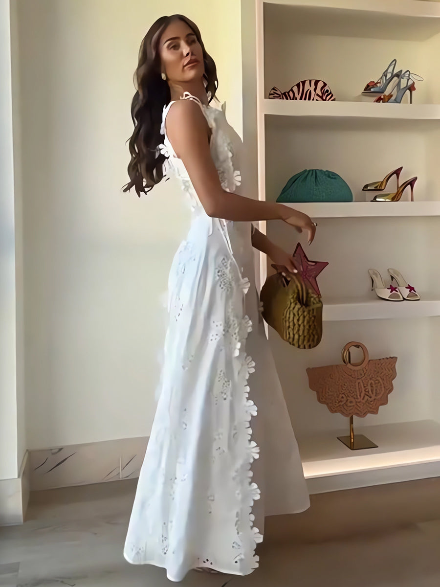 Éliora | Abito lungo con spalline annodate e motivo floreale in pizzo