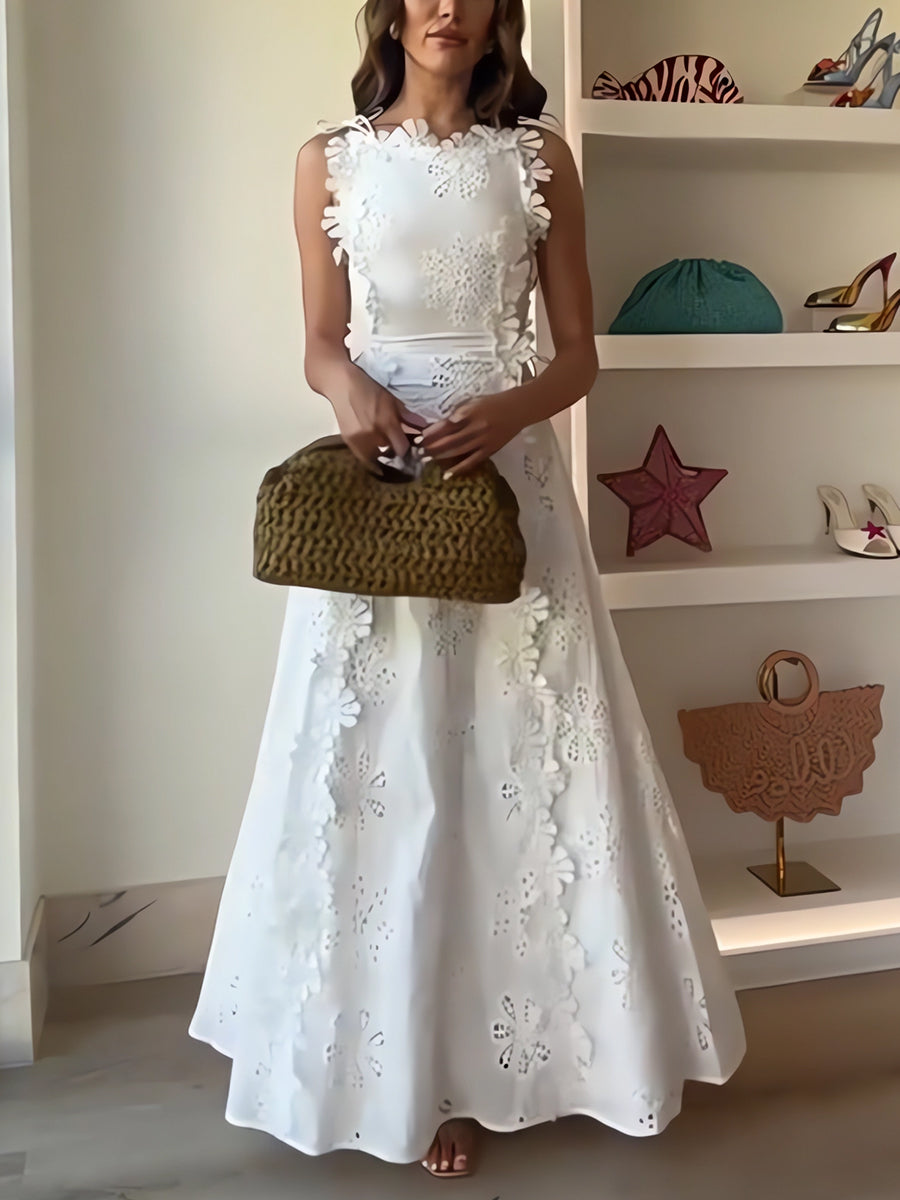 Éliora | Abito lungo con spalline annodate e motivo floreale in pizzo