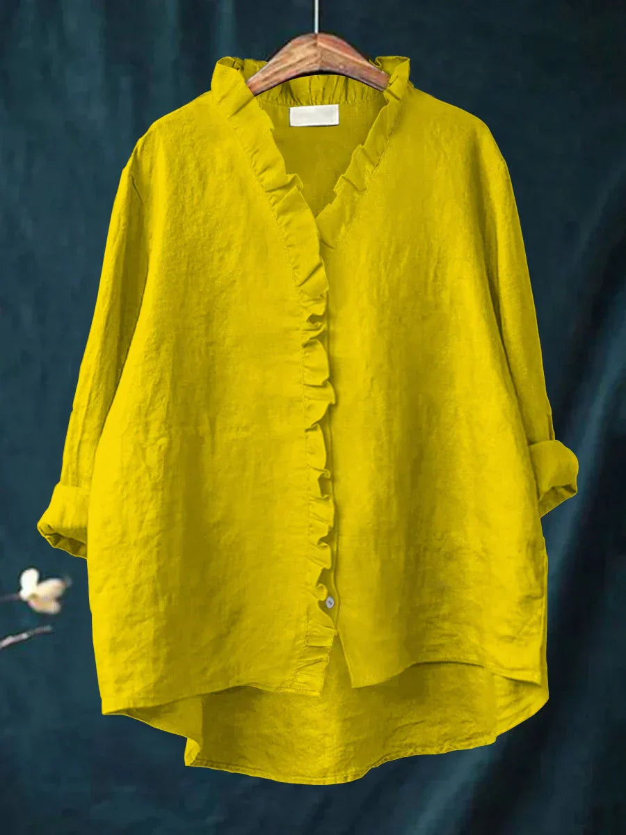 Sanela - Camicia Casual con Volant in Cotone e Lino