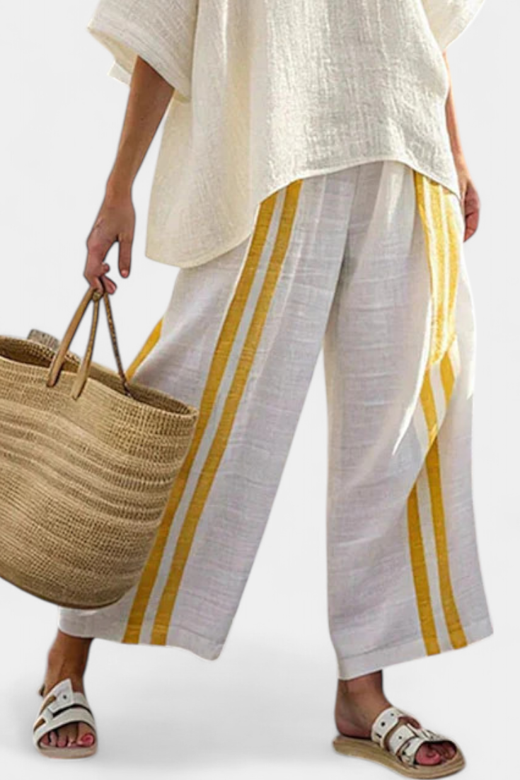 Arianna – top in lino a righe gialle elegante e pantaloni a gamba larga