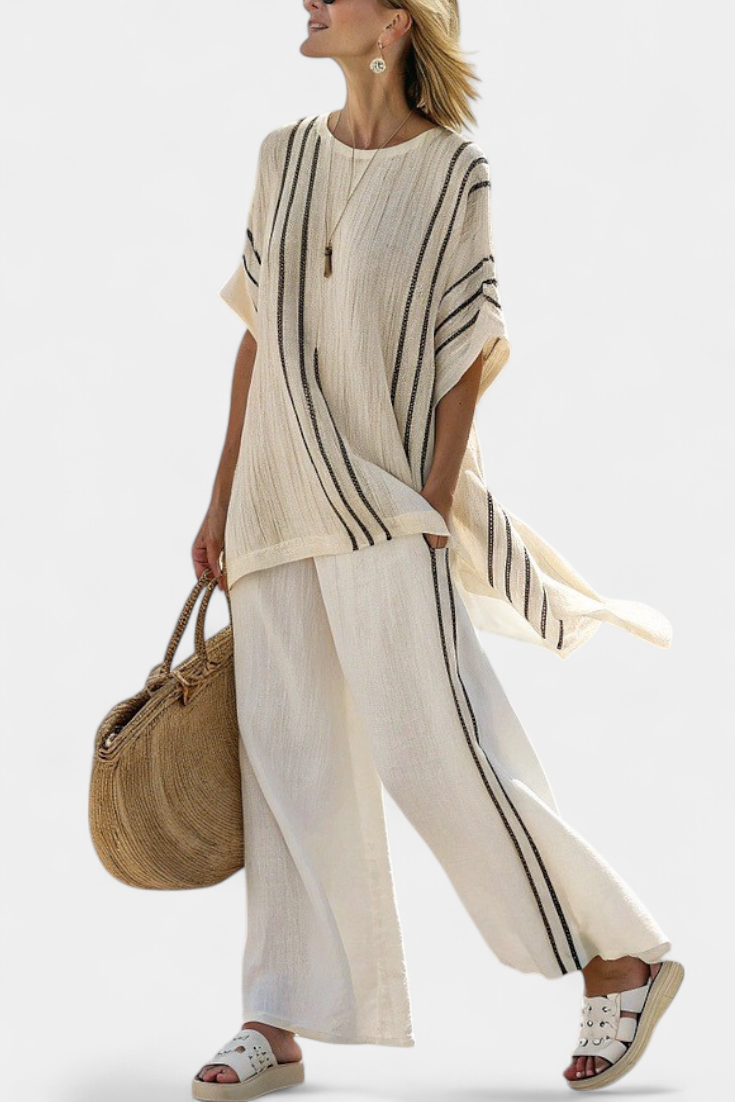 Raffaella – blusa in lino avorio elegante e pantaloni a righe nere