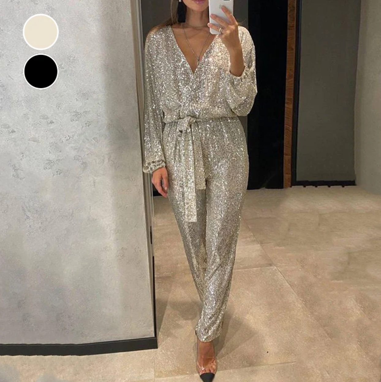 Lucia | Tuta scintillante con scollo a V e cintura