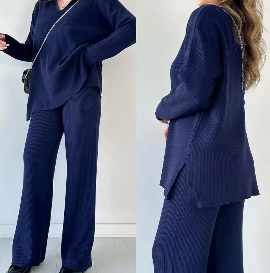 Giulia | Completo casual in maglia con scollo a V e spacchi laterali