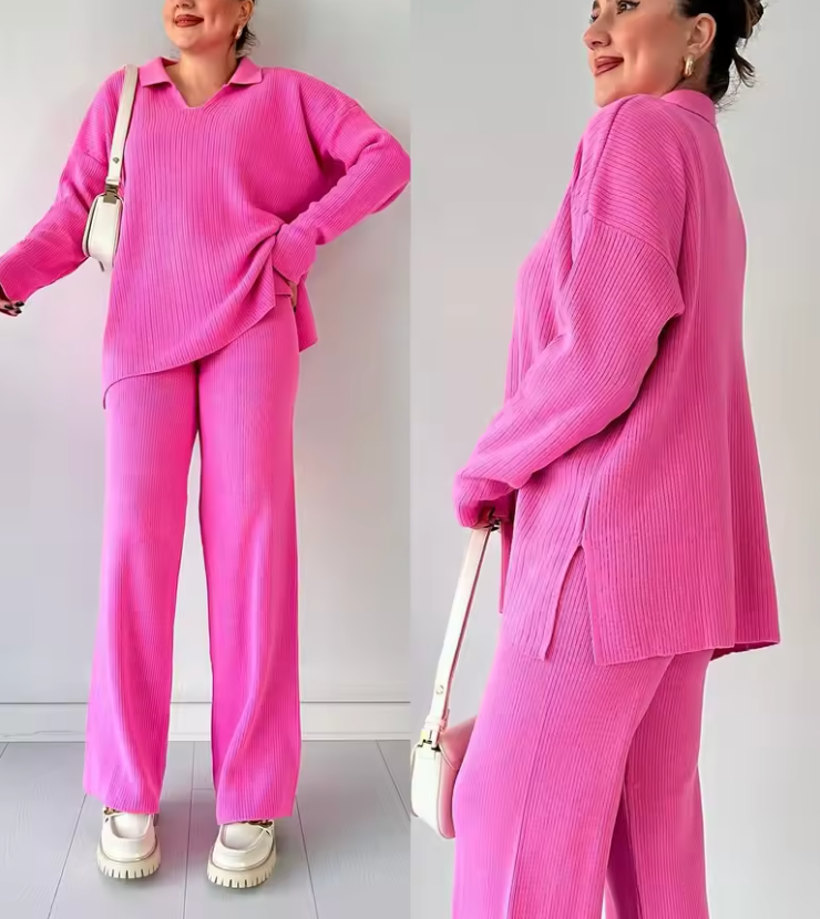 Giulia | Completo casual in maglia con scollo a V e spacchi laterali