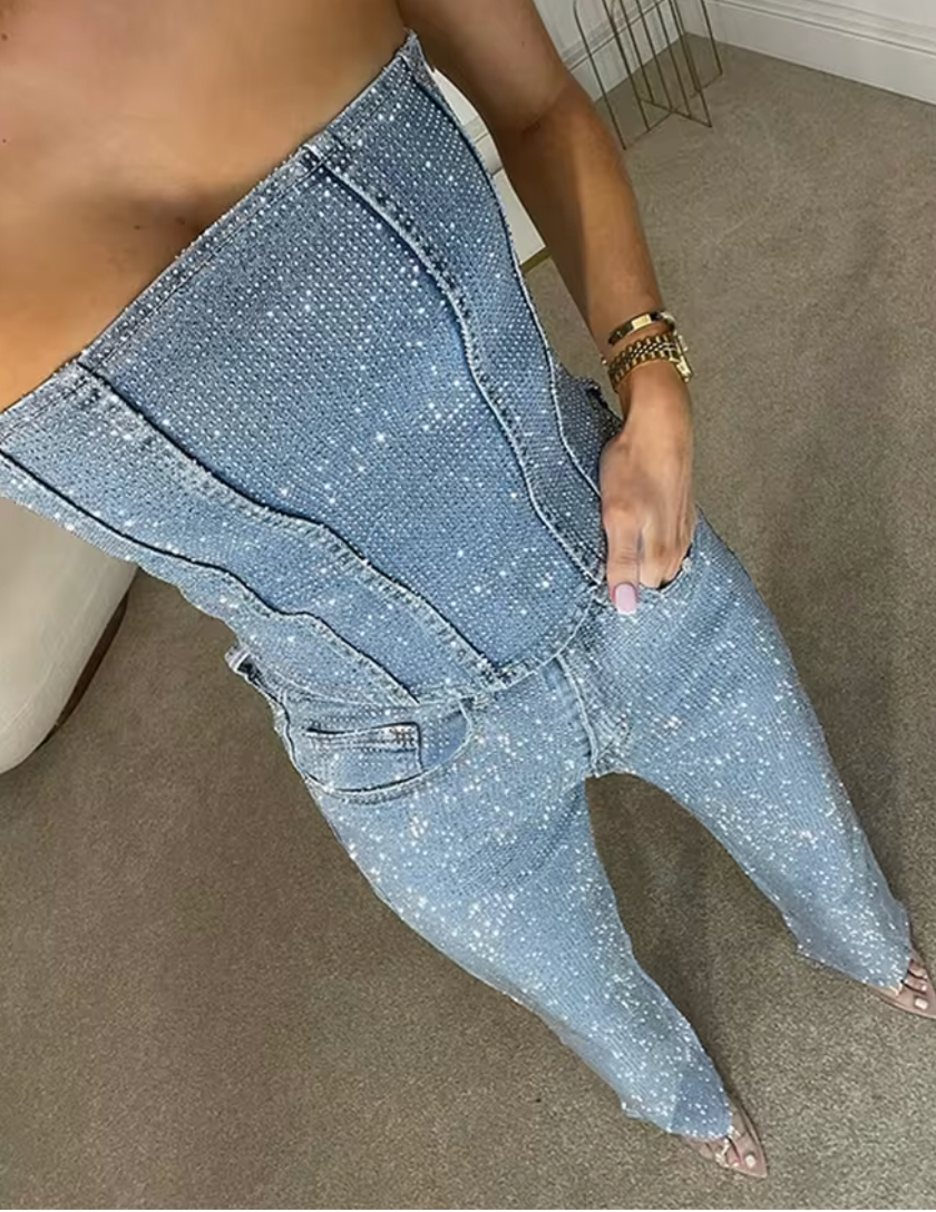 Beatrice | Jeans in denim a vita alta scintillanti e corsetto in denim