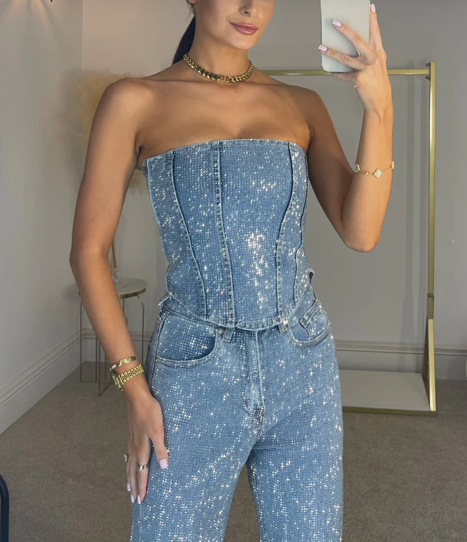 Beatrice | Jeans in denim a vita alta scintillanti e corsetto in denim
