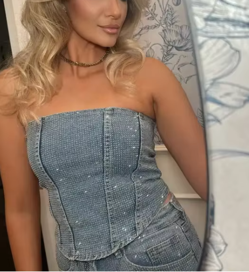 Beatrice | Jeans in denim a vita alta scintillanti e corsetto in denim