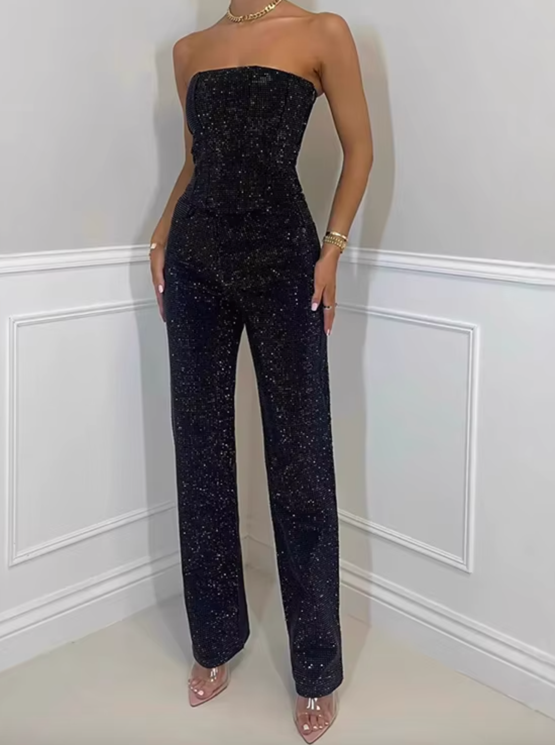 Beatrice | Jeans in denim a vita alta scintillanti e corsetto in denim