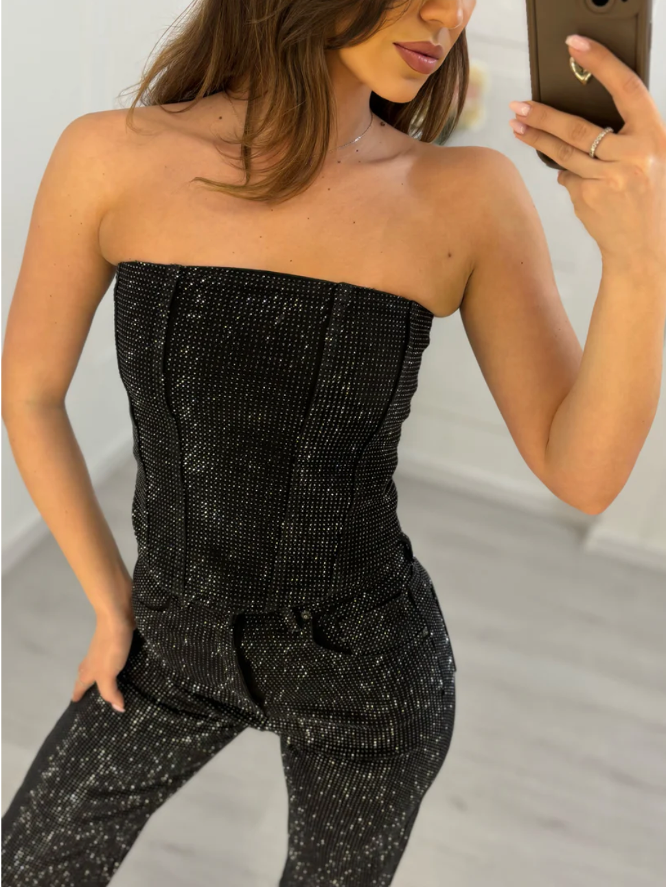 Beatrice | Jeans in denim a vita alta scintillanti e corsetto in denim