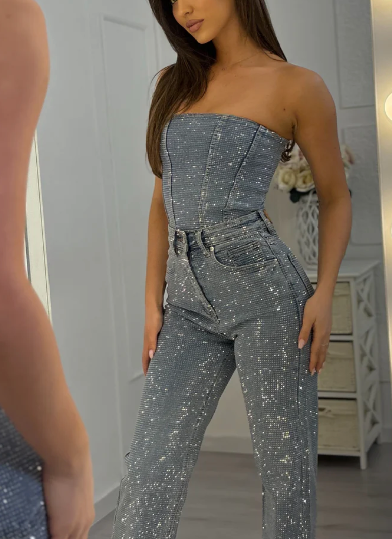 Beatrice | Jeans in denim a vita alta scintillanti e corsetto in denim
