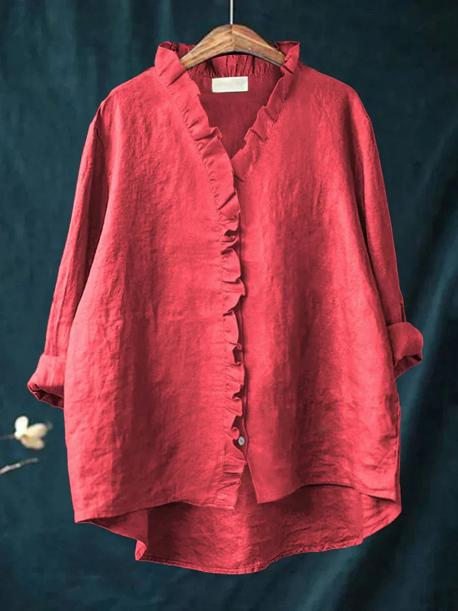 Sanela - Camicia Casual con Volant in Cotone e Lino