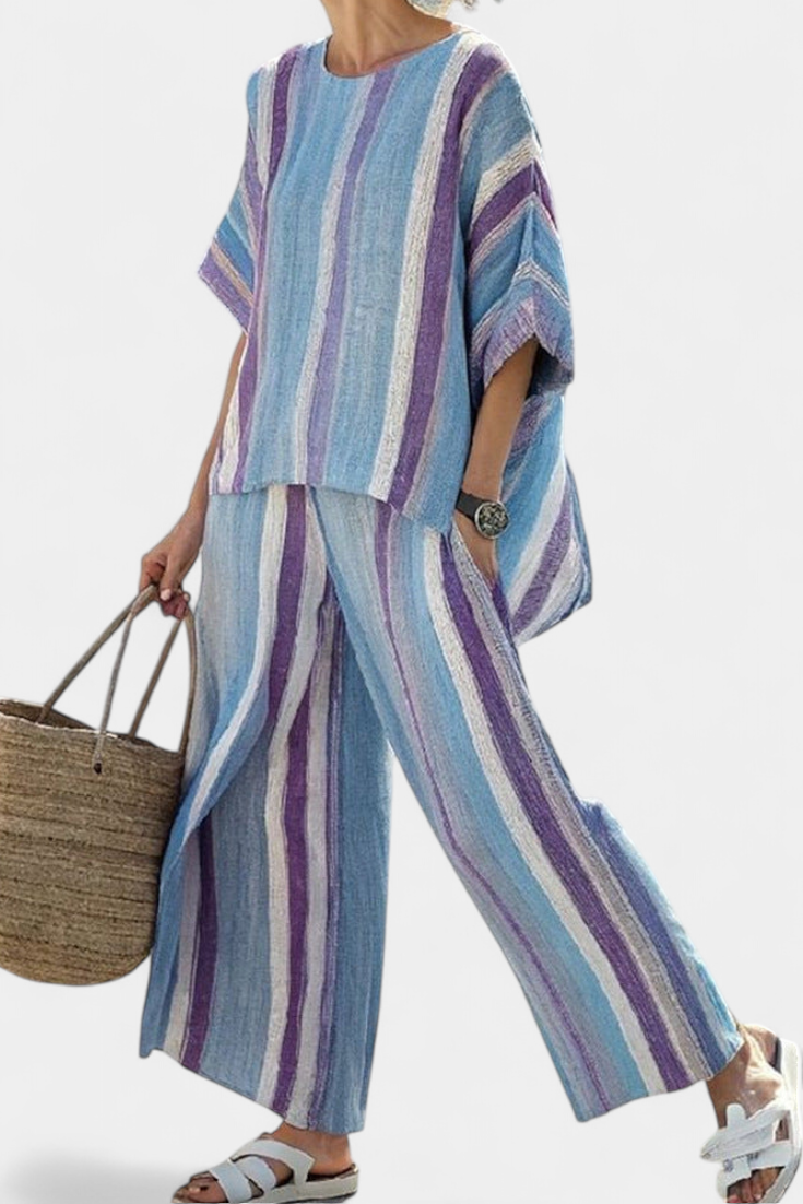 Ginevra – top pastello mauve elegante e pantaloni in lino a righe