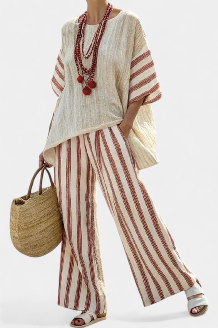 Rosalinda – top a righe rustico elegante e pantaloni in lino crema